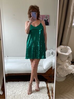 NWOT A NEW DAY GREEN SHEER SEQUIN TANK DRESS LINED ADJUSTABLE STRAPS OPEN FIT